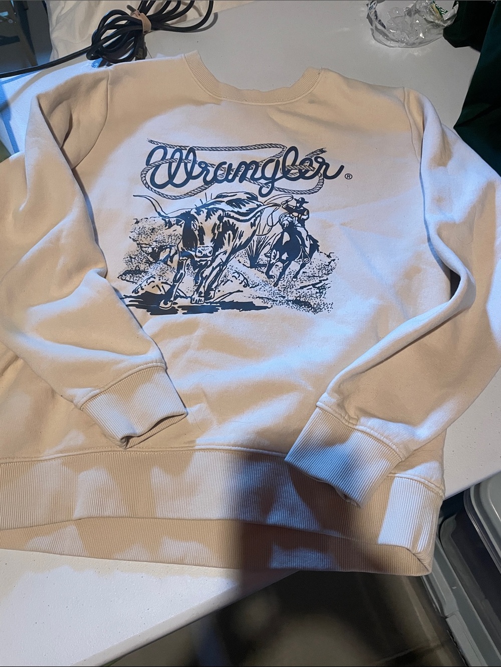 Wrangler Cream Crewneck Sweatshirt with Navy Rodeo Graphic